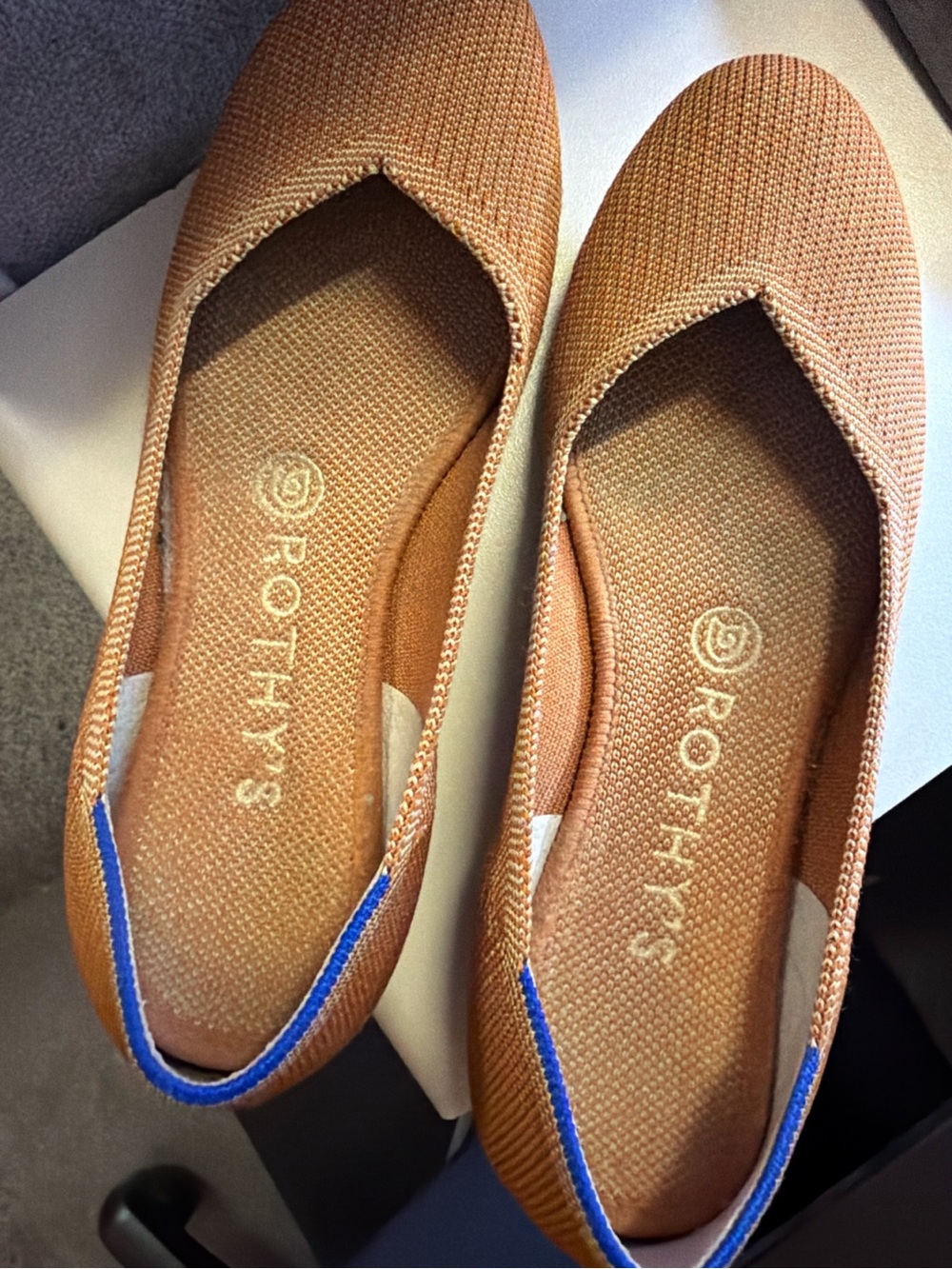 Rothy’s The Point Knit Flats – Camel/Cognac Blue Stripe | Size 7